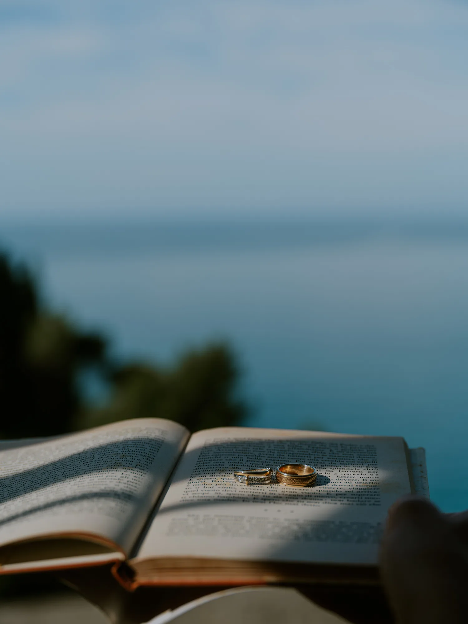 The photograph shows an open book with a ring placed on it.