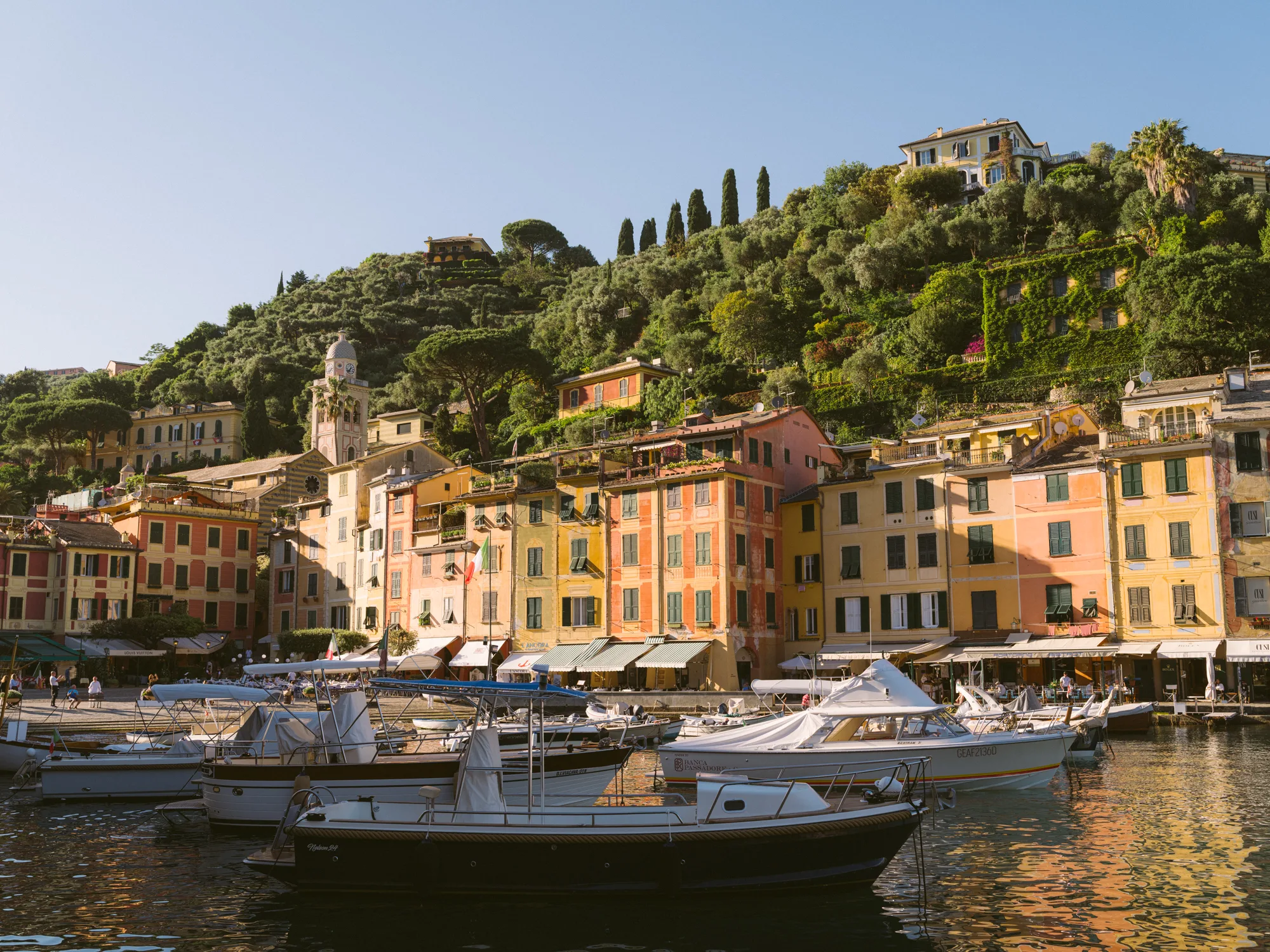 The photograph shows a picturesque harbor with several boats docked along the waterfront in the Portofino harbour