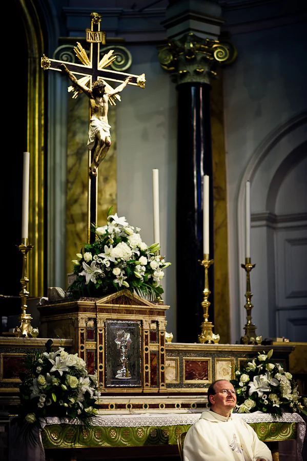 Guests at St Peter’s Italian Church wedding in London