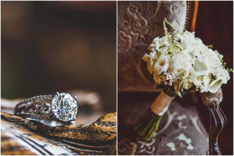white Bridal wedding bouquet and engagement ring