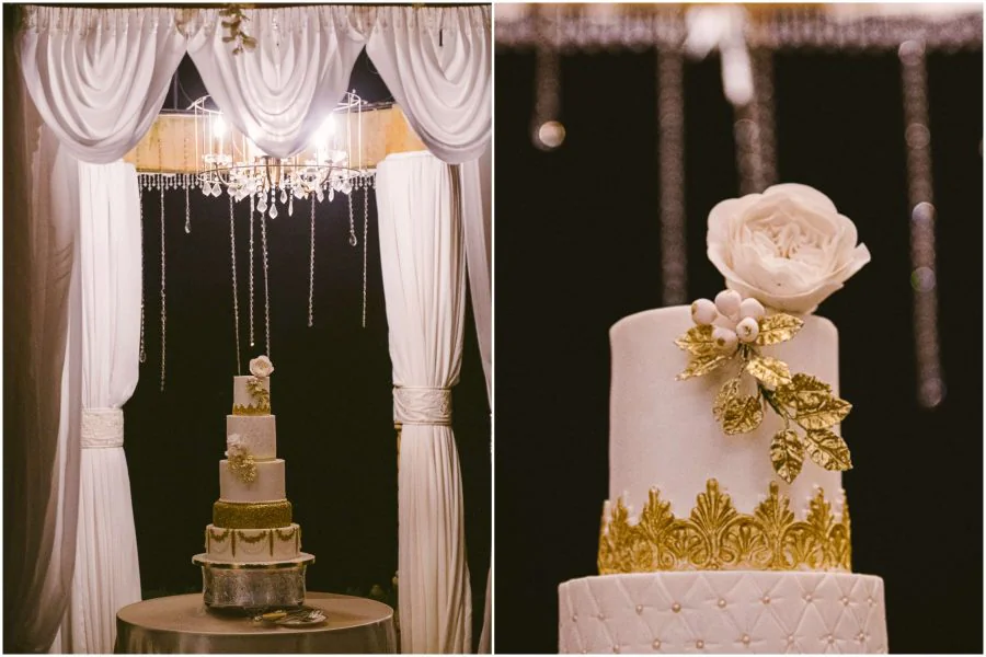 white gold wedding cake with rose