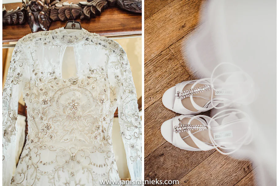 Jimmy Choo bridal shoes and romantic lace dress