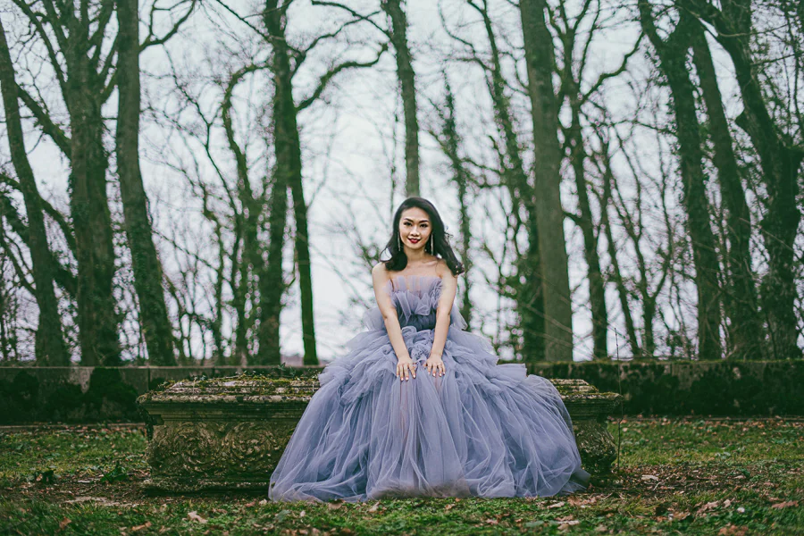 Beautiful Lucy in her stunning grey wedding dress