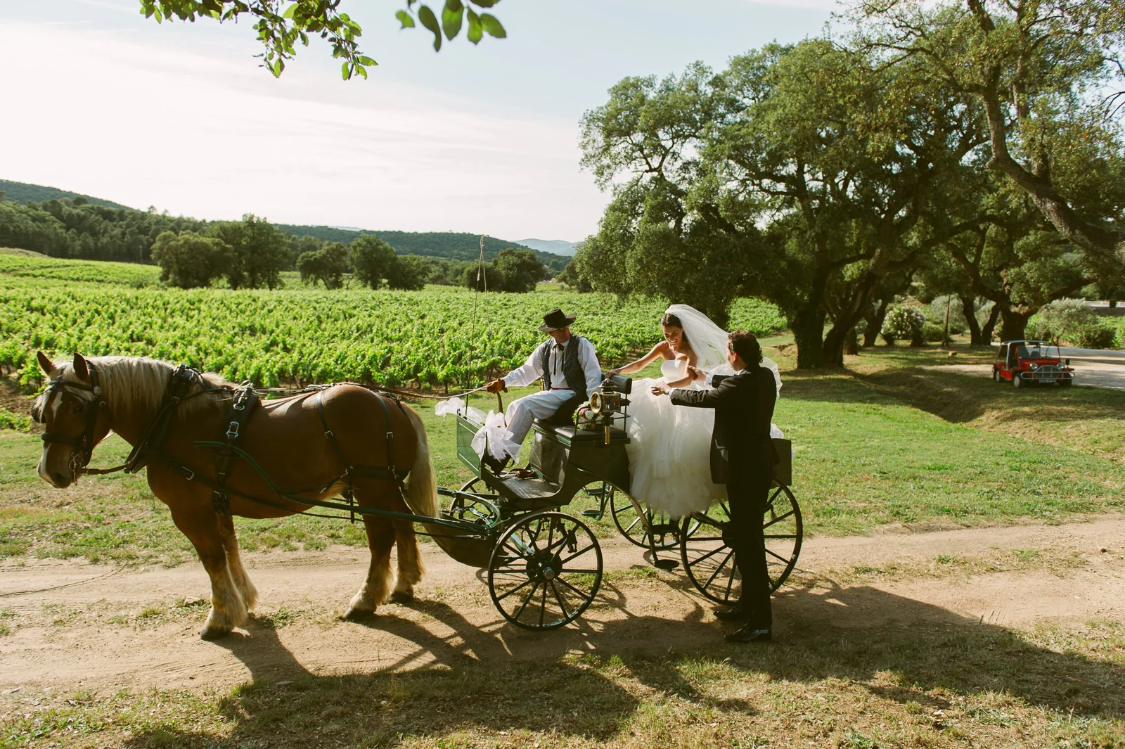 Couple standing together at start of vineyard wedding ceremony near Saint-Tropez