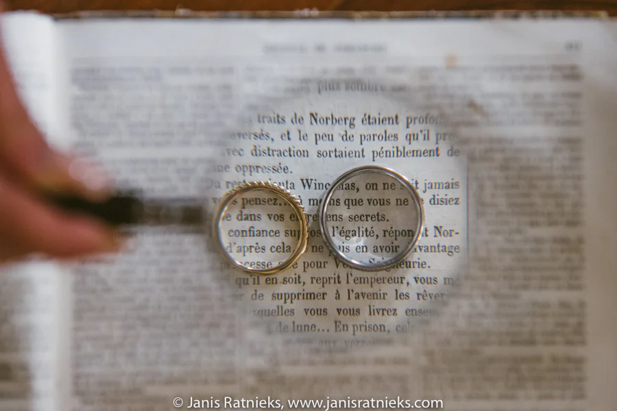 Wedding rings photographed over the couple’s printed vows