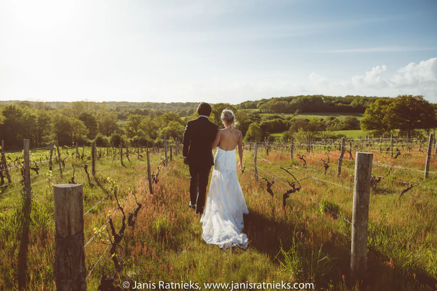 Bride and groom surrounded by vines near Château de la Borderie