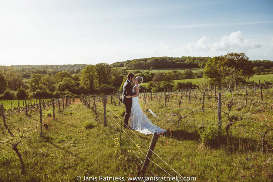 Couple portrait against the rolling Charente vineyard landscape
