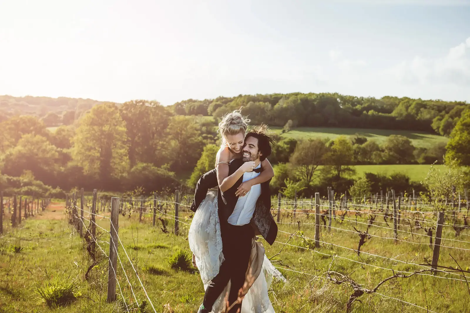 Bride and groom in a South of France vineyard at golden hour, photographed by France wedding photographer Janis Ratnieks
