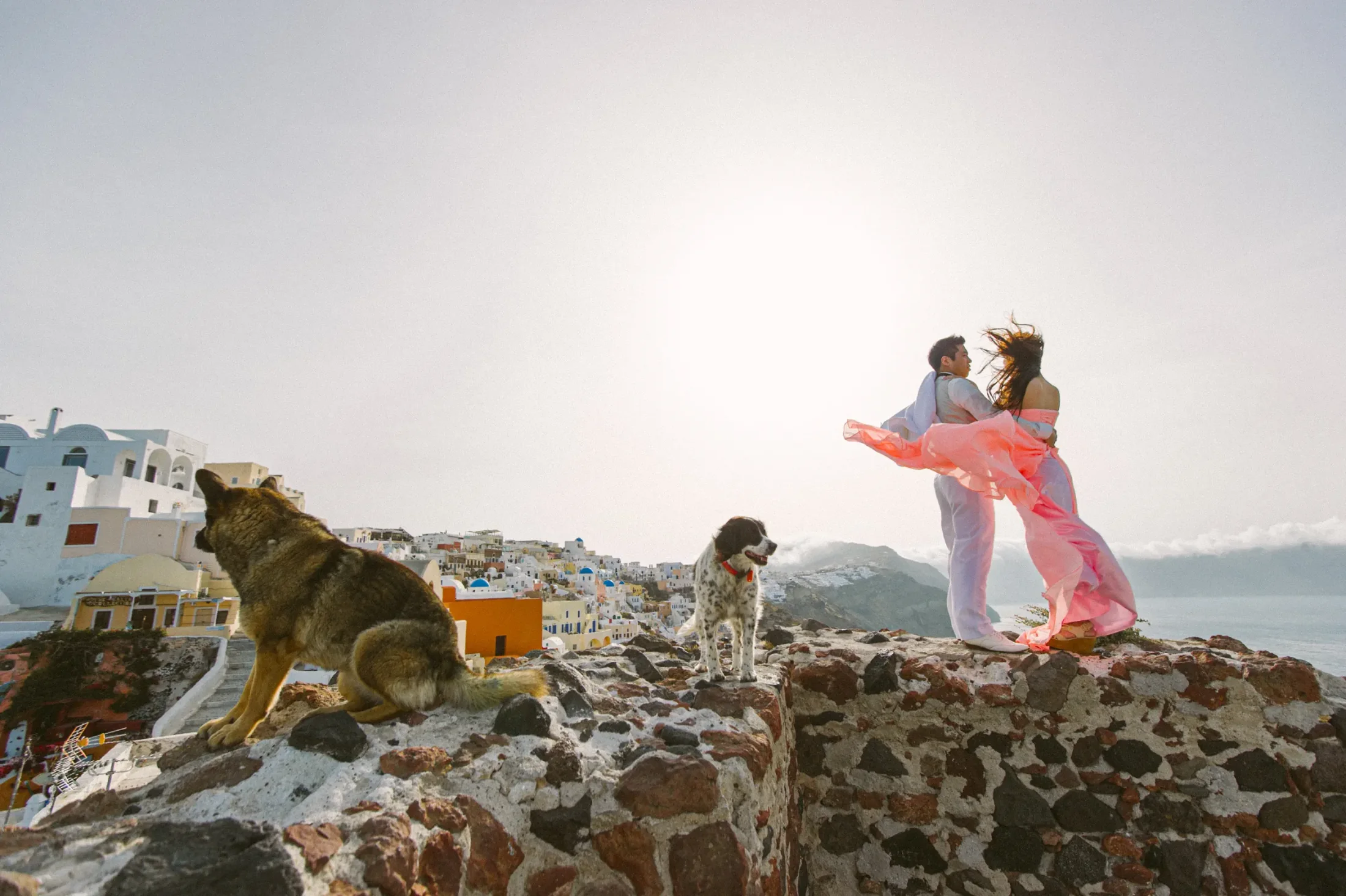 Santorini pre-wedding portrait of Lorne and Wing with Aegean island scenery