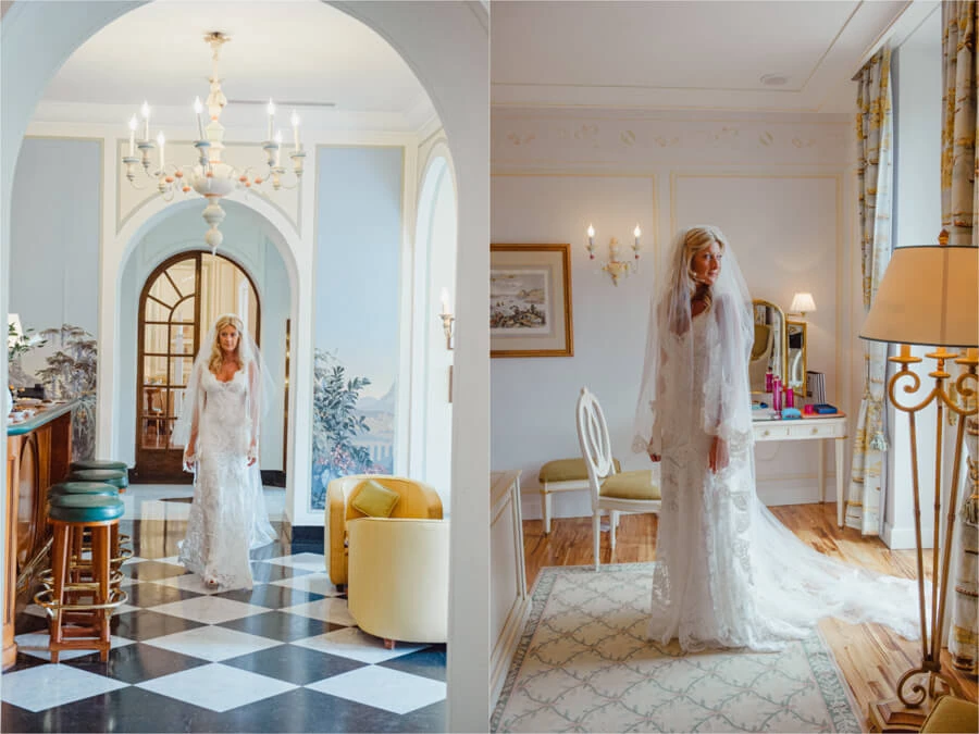 Anna standing in her room at Hotel Splendido before the ceremony