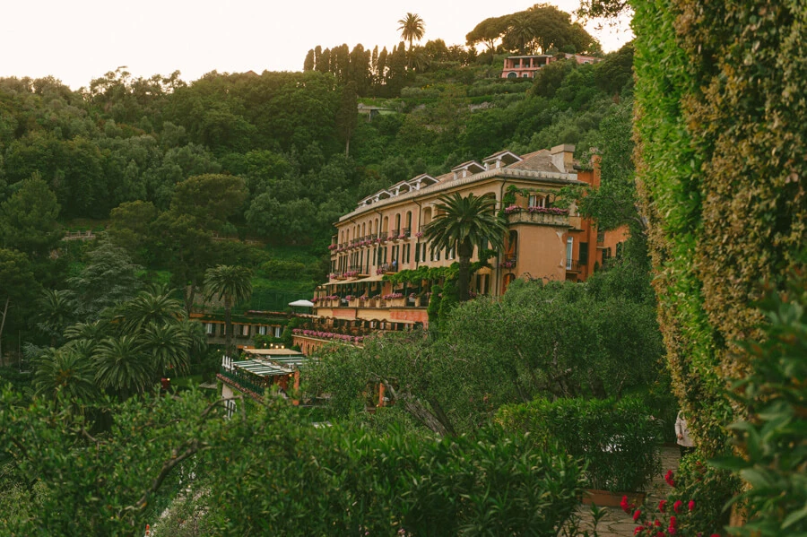 Hotel Splendido surrounded by gardens in the evening light