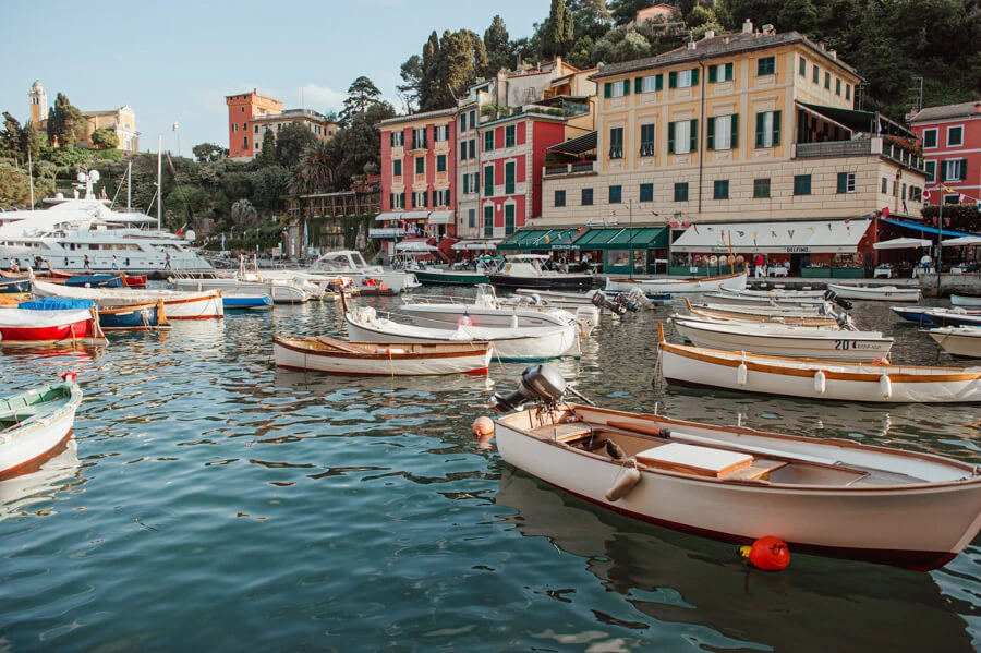 Traditional boats and colourful buildings around Portofino harbour