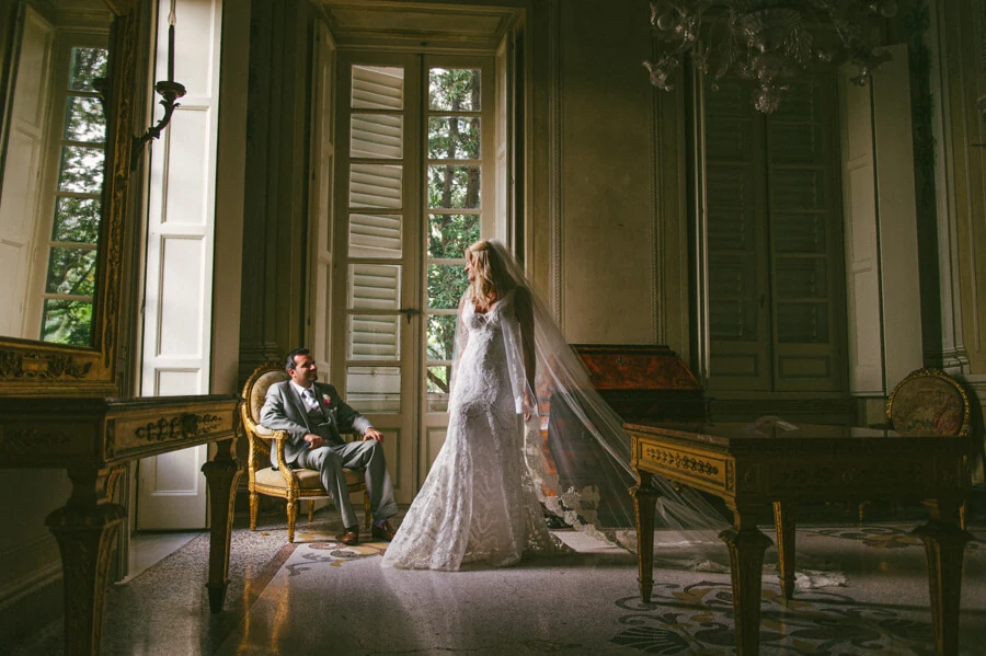 Anna and Brian photographed inside the historic rooms of Villa Durazzo