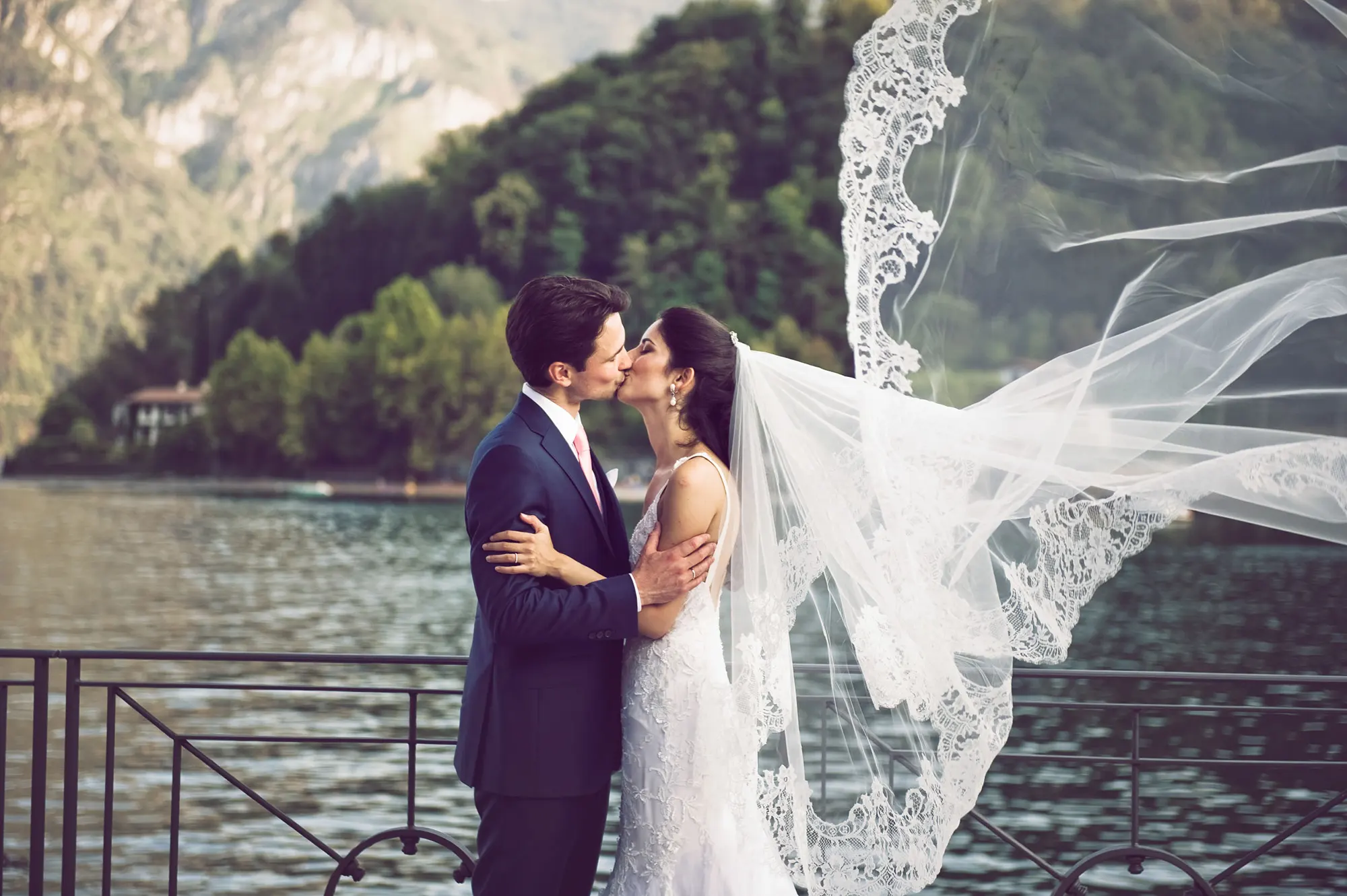 Couple photographed on a Lake Como terrace