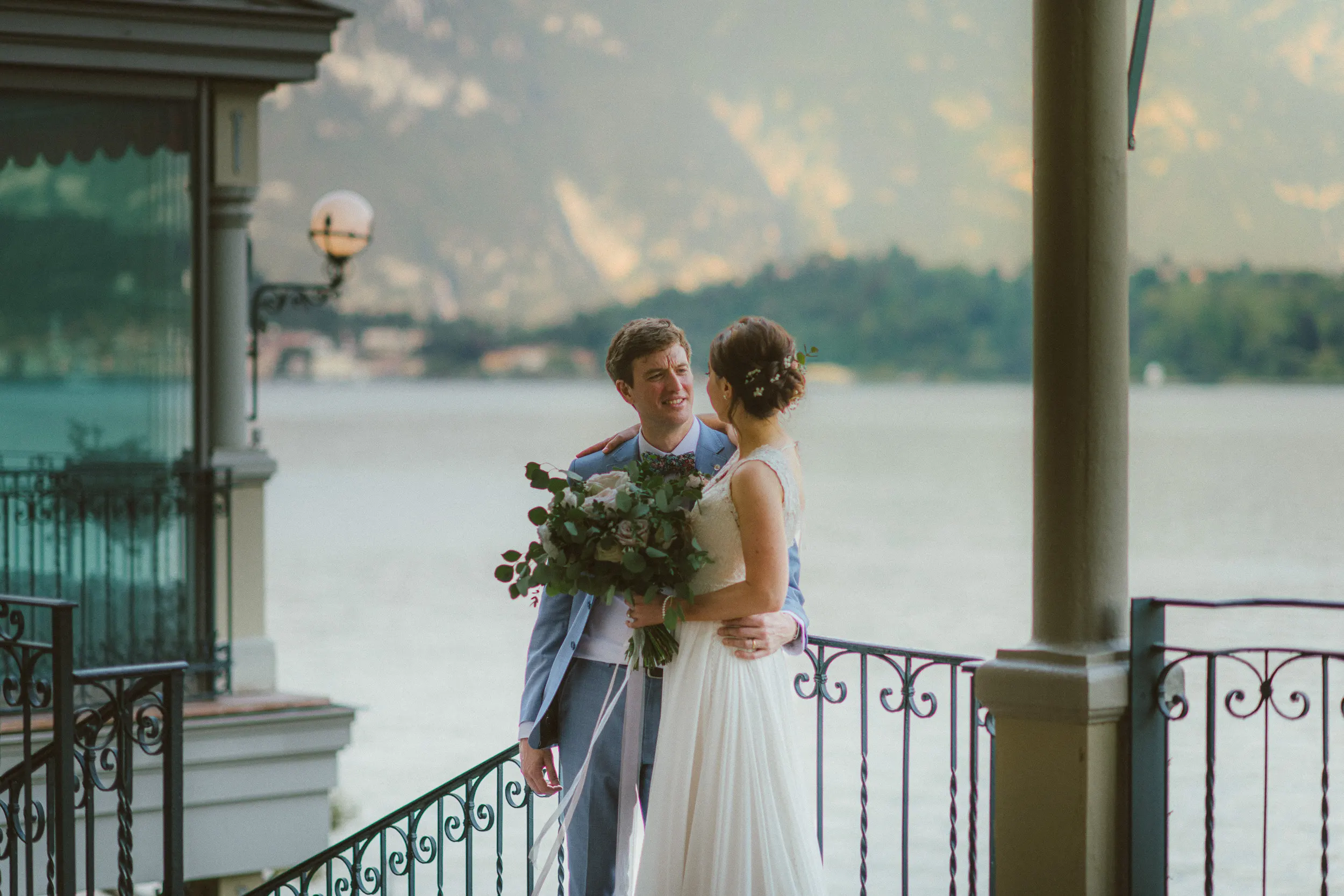 wedding photograph of a bride and groom in hotel Tremezzo during their lake como wedding taken by wedding photographer in Lake Como