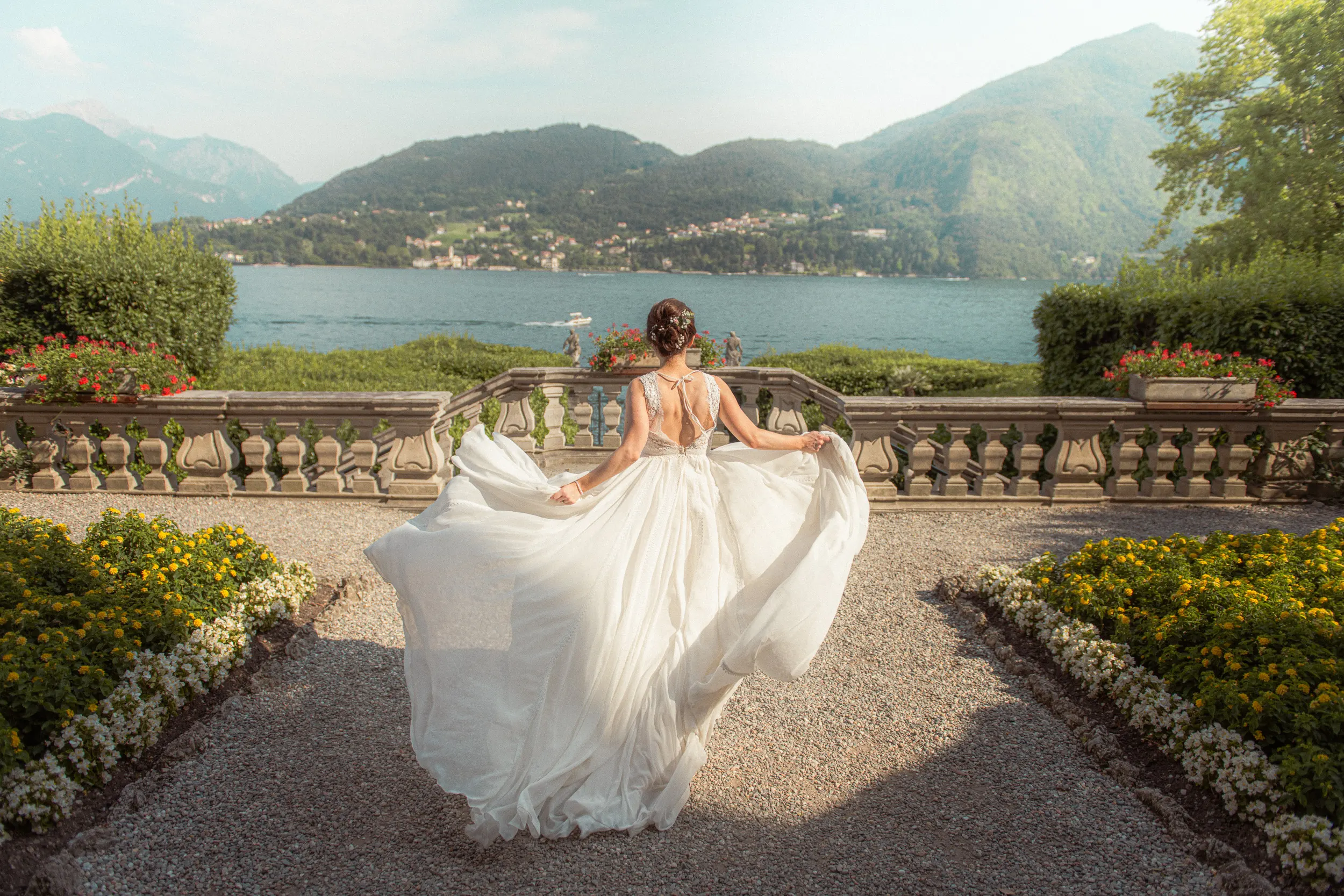 Bride at a Lake Como wedding overlooking the lake and mountains
