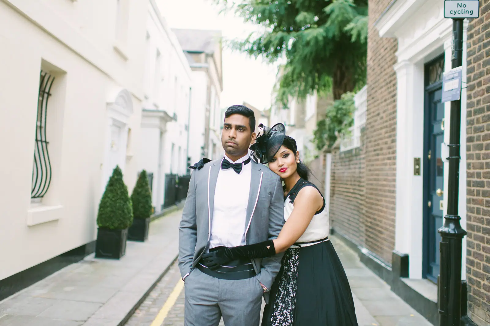 Relaxed pre-wedding portrait on a quiet Chelsea street in London