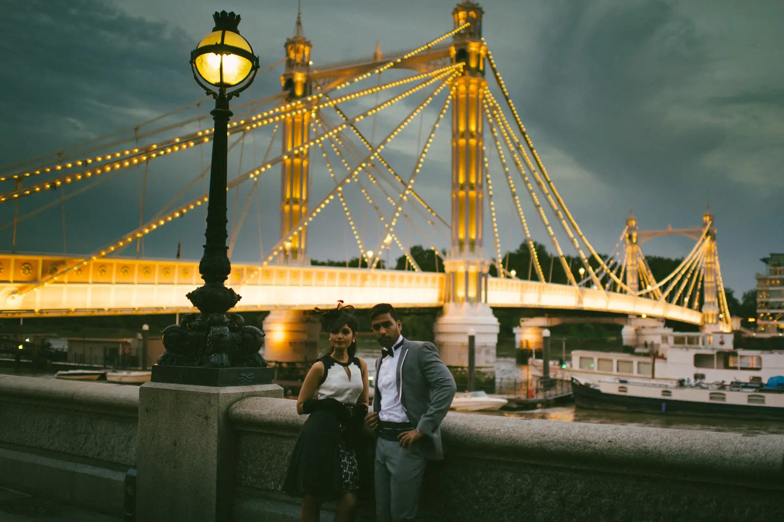 London pre-wedding photography at Albert Bridge during blue hour