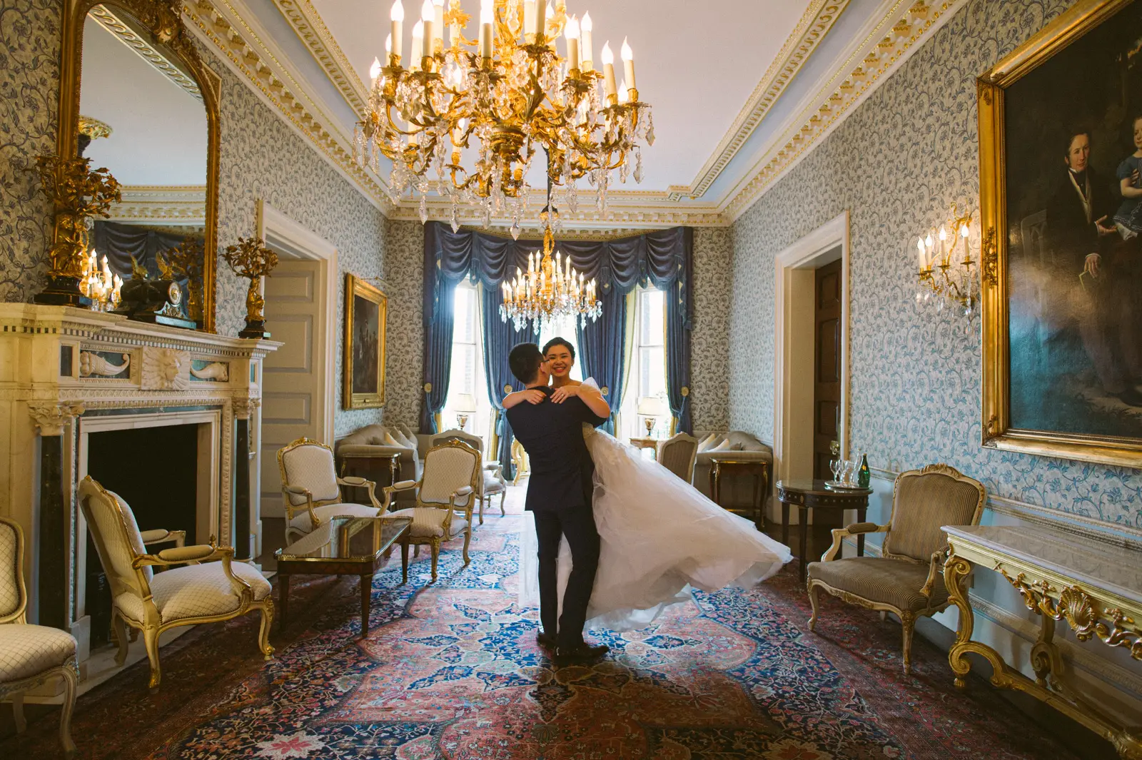 Luxury London pre-wedding portrait in an elegant hotel interior