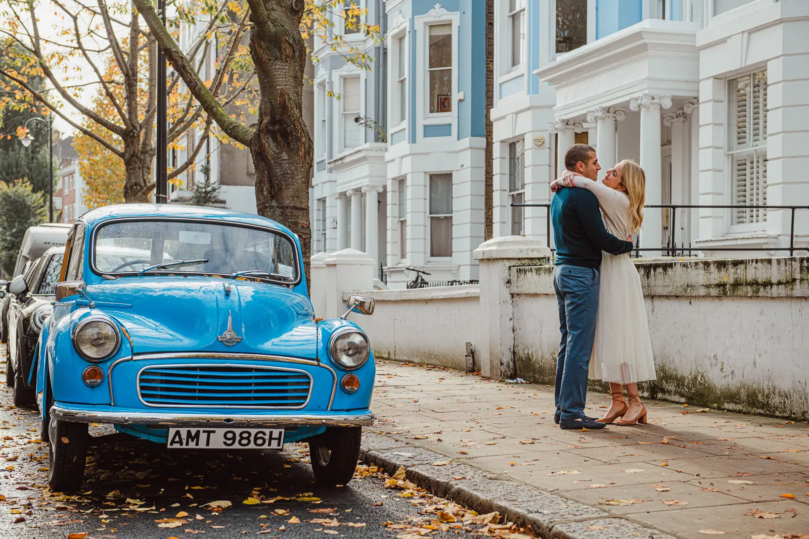Couple photographed during a winter pre-wedding session in London