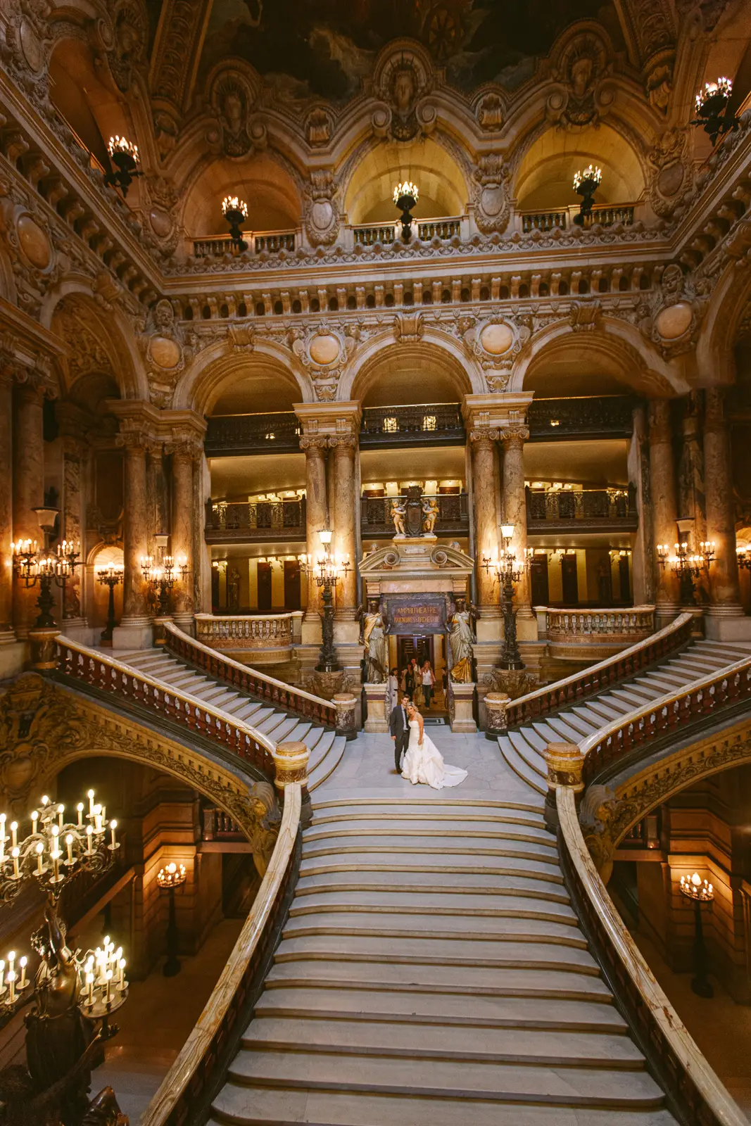 Paris Opera pre-wedding portrait on the marble staircase at Palais Garnier
