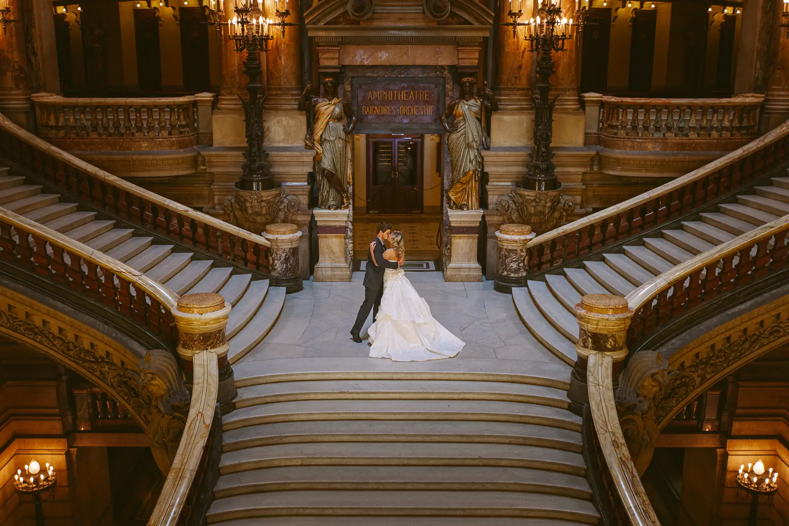 Elegant pre-wedding photography inside Palais Garnier in Paris