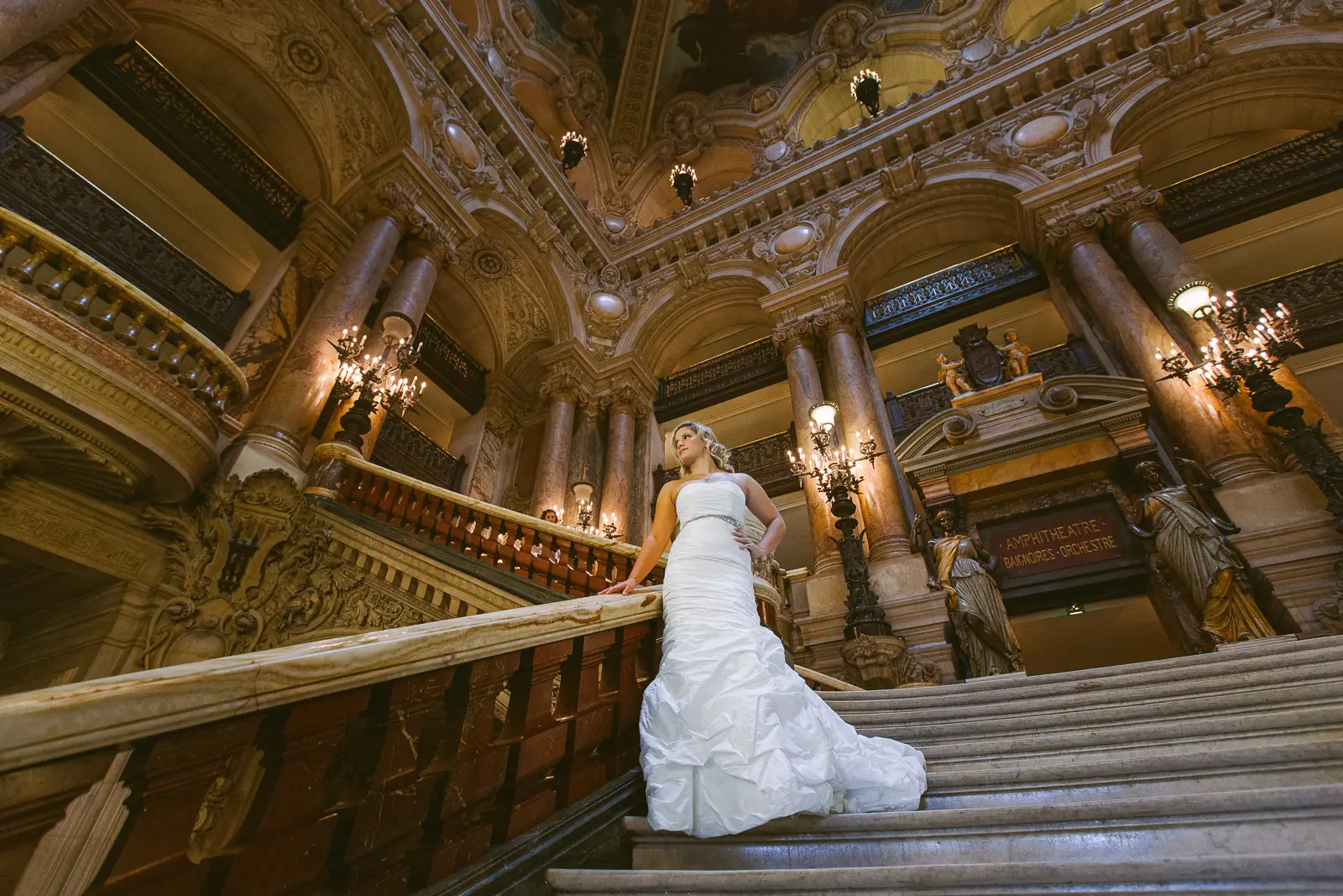 Paris Opera pre-wedding portrait on the marble staircase at Palais Garnier