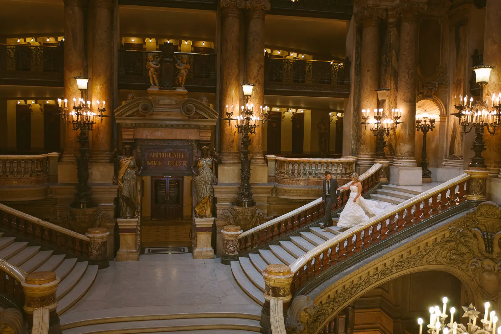 Elegant pre-wedding photography inside Palais Garnier in Paris