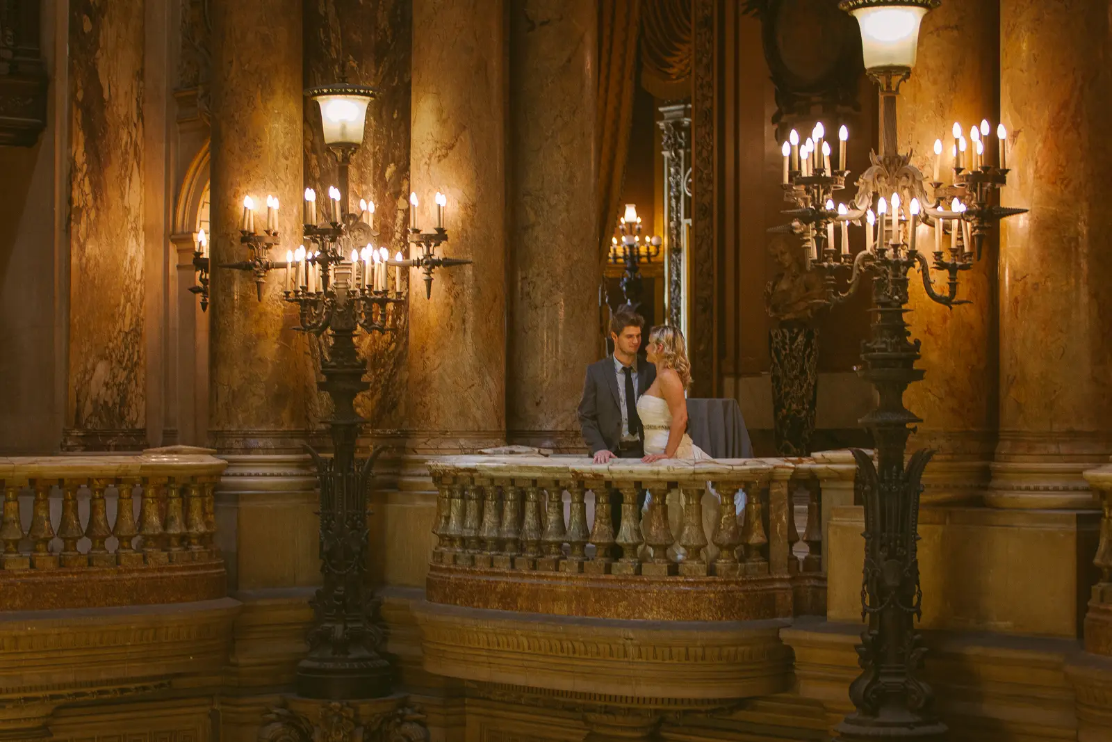 Paris Opera pre-wedding portrait on the marble staircase at Palais Garnier
