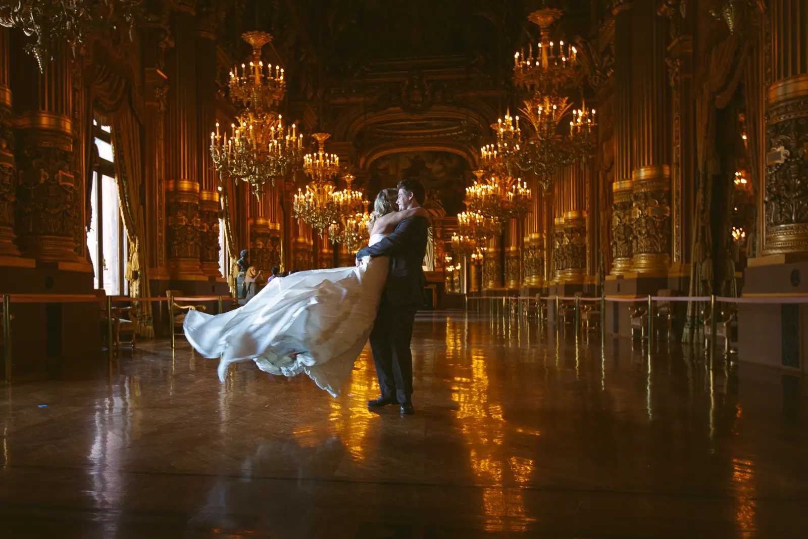 Elegant pre-wedding photography inside Palais Garnier in Paris