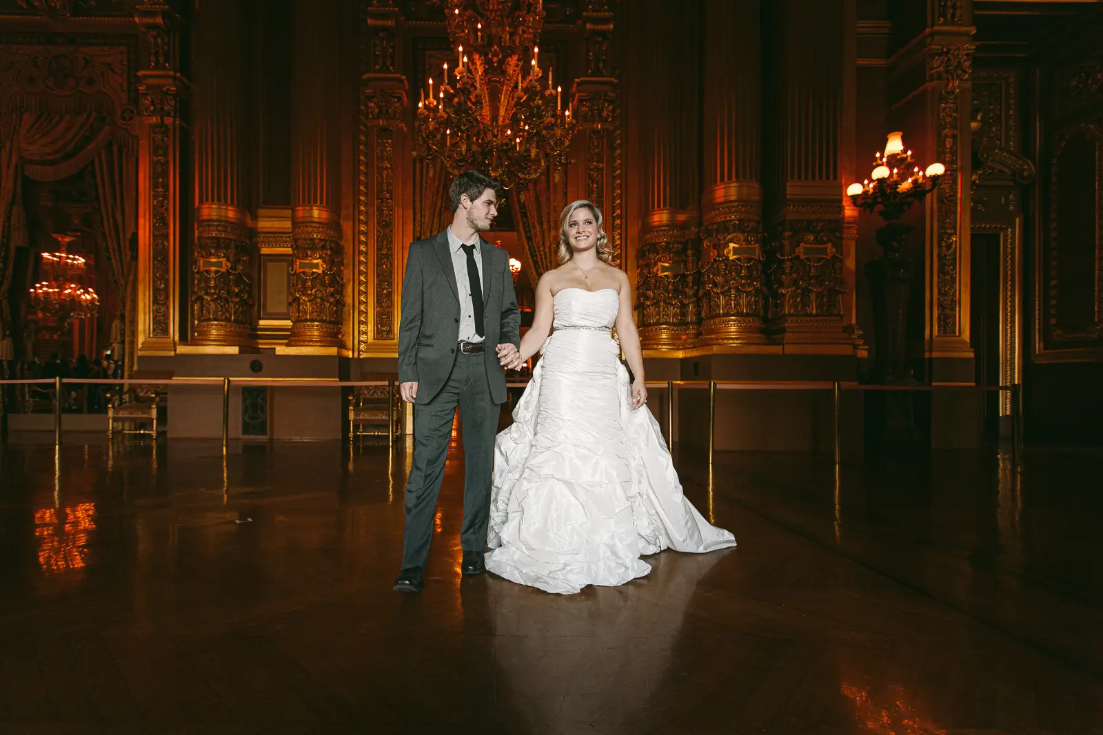 Tabitha and Nathan inside Palais Garnier during their Paris Opera pre-wedding photoshoot