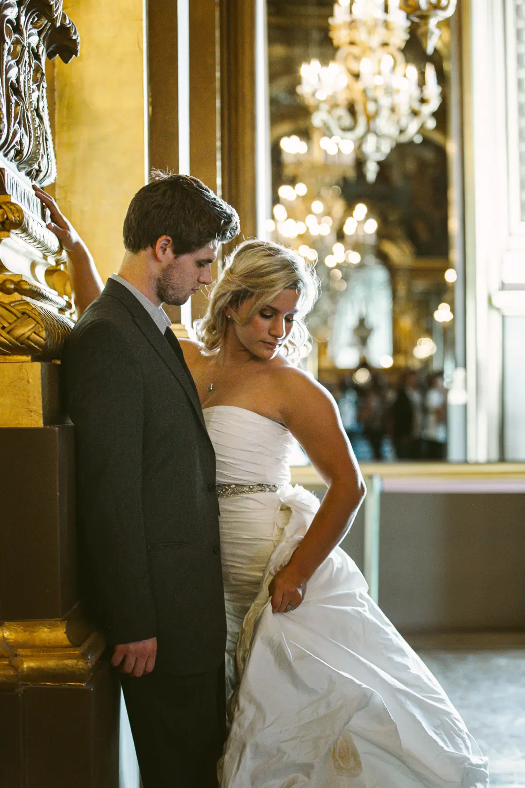 Tabitha and Nathan inside Palais Garnier during their Paris Opera pre-wedding photoshoot