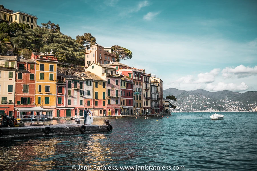 Traditional boats and colourful buildings in Portofino marina
