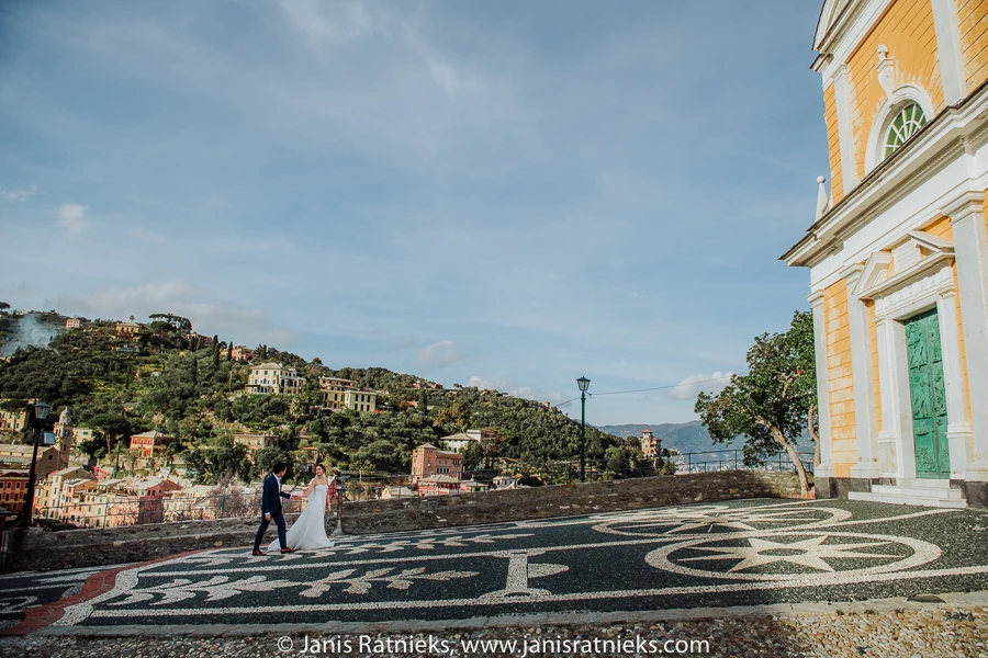 San Giorgio Church and its patterned stone terrace above Portofino