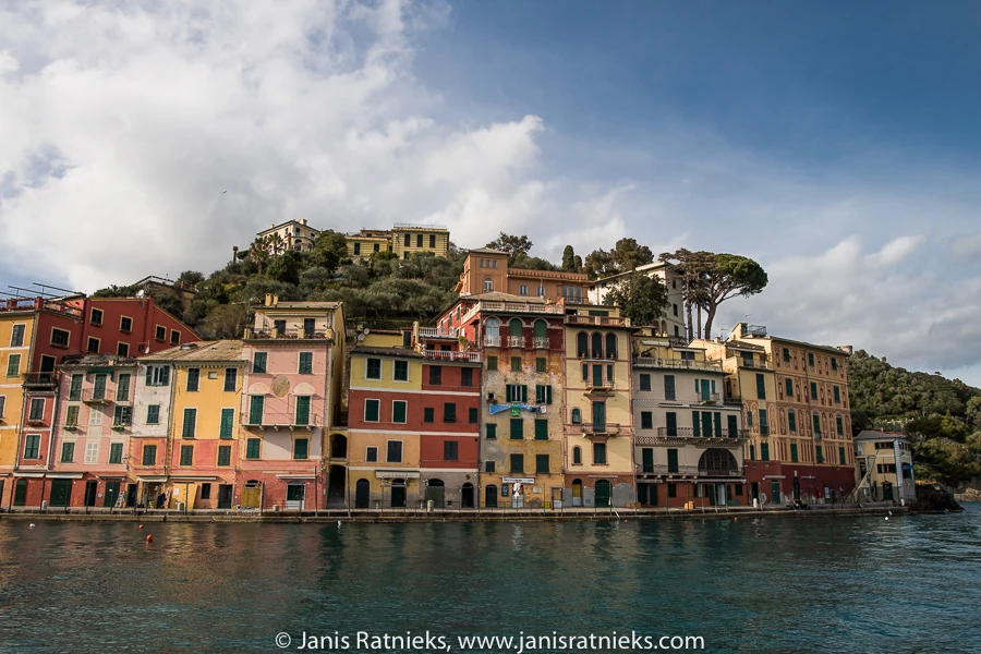 Colourful Portofino waterfront photographed from the water
