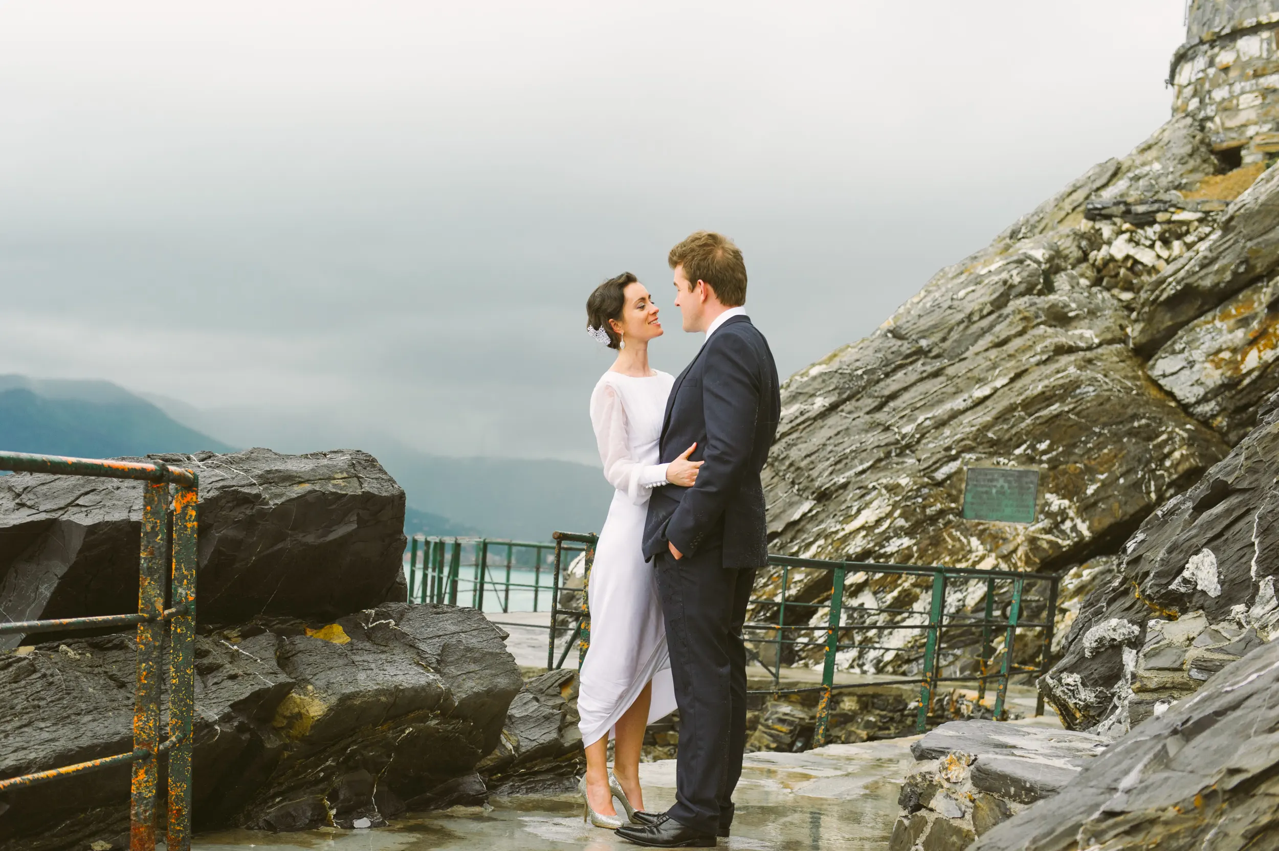 Wedding couple photographed beside the sea on the Ligurian coast