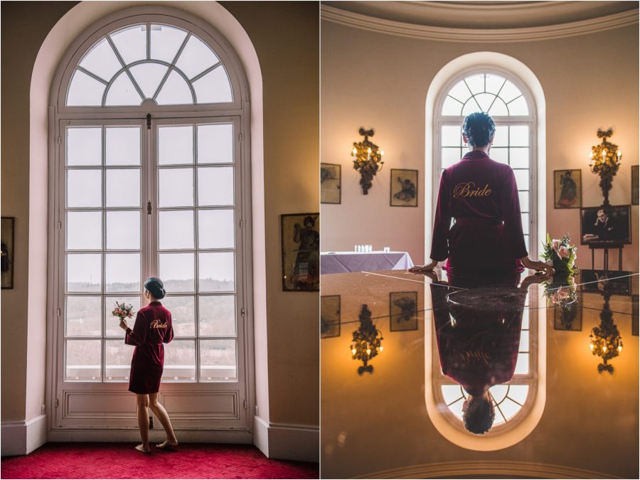 Bride in a purple velvet robe