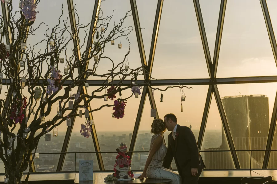 The Gherkin London skyline sunset wedding photography