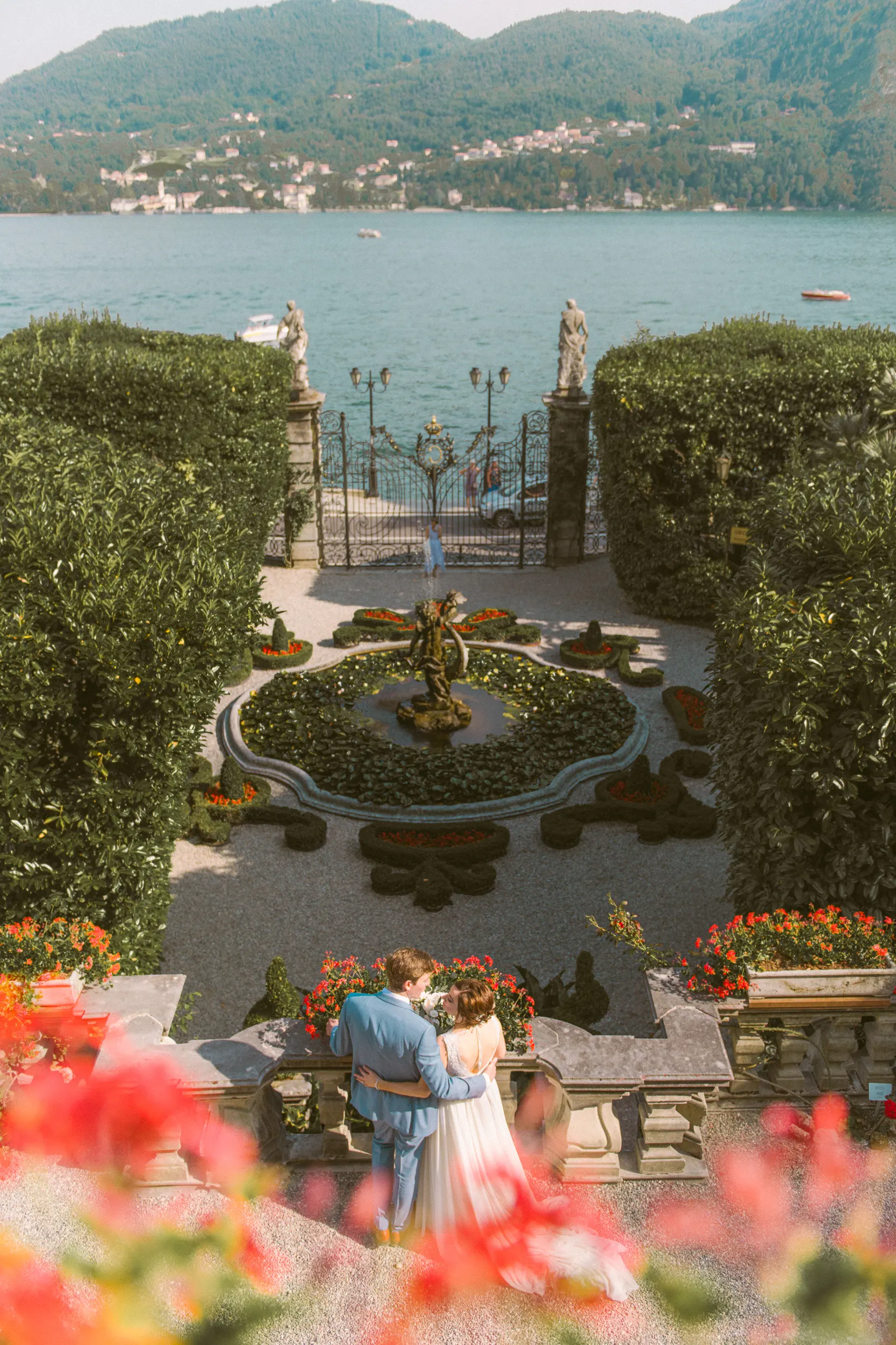 Bride walking down stone steps at Lake Como villa