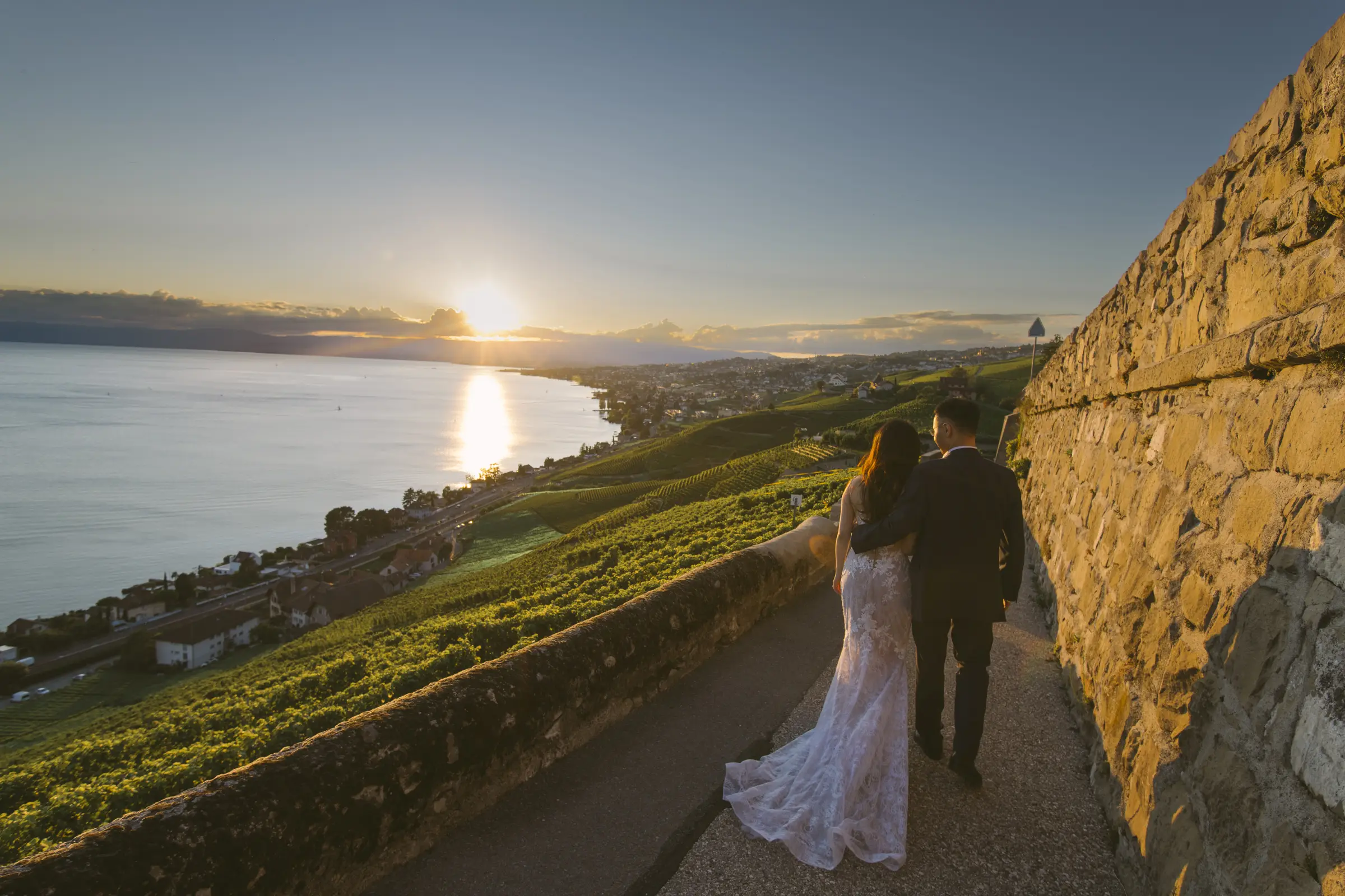 Lausanne pre-wedding photography, Lavaux Vineyards golden hour