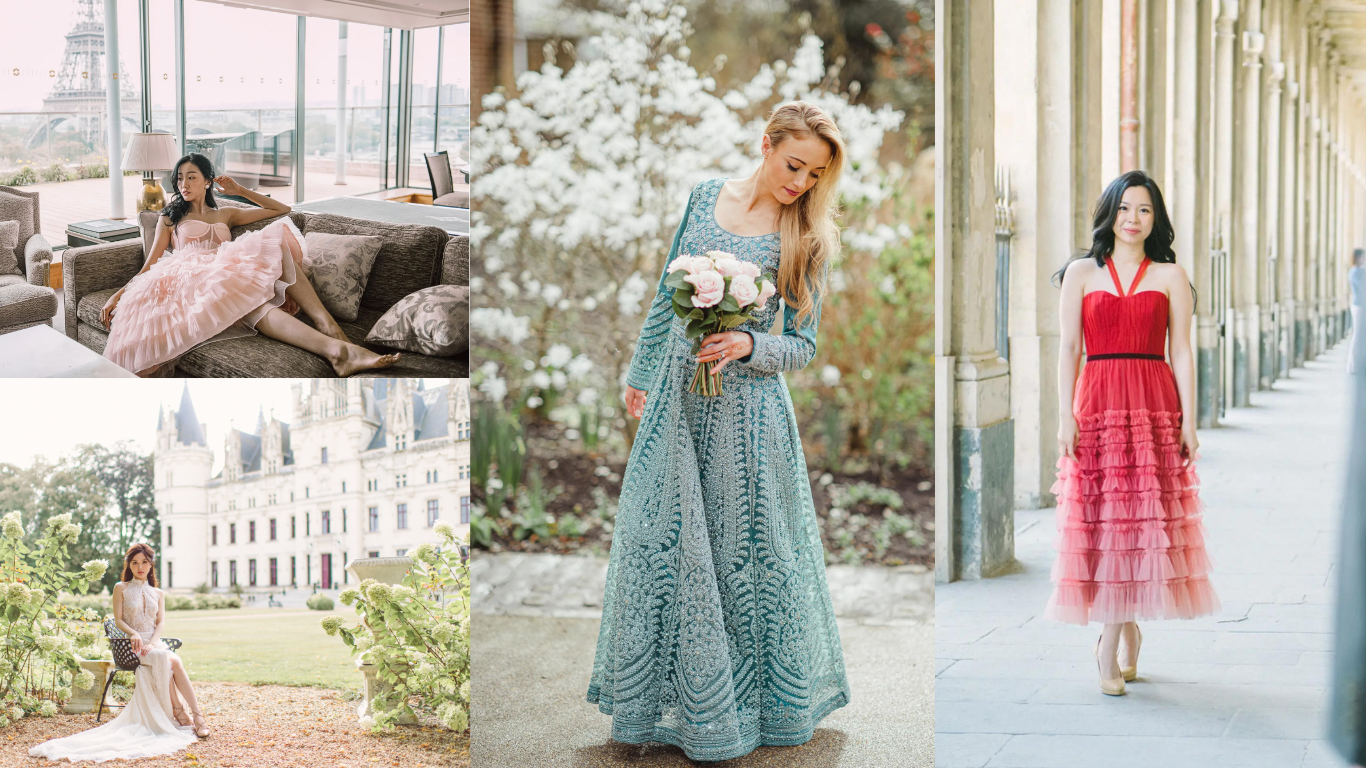 Pastel dress and light suit for a spring pre-wedding in London