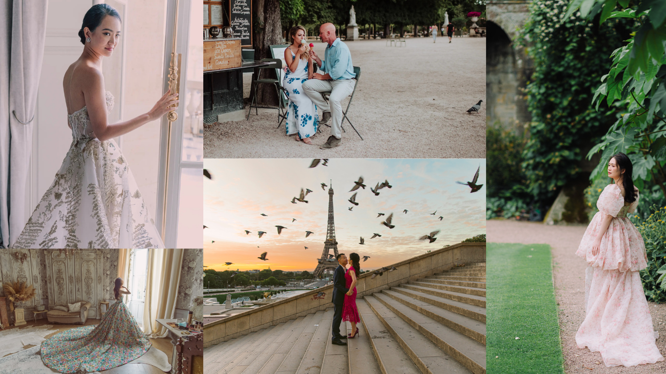 collage of what to wear to London pre-wedding photoshoot in summer