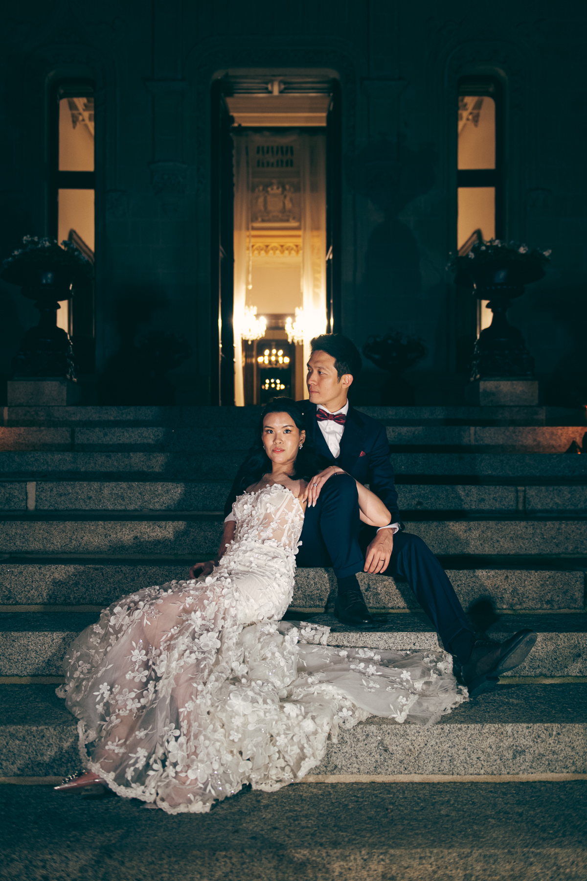 Pre-wedding couple in front of a French château at sunset