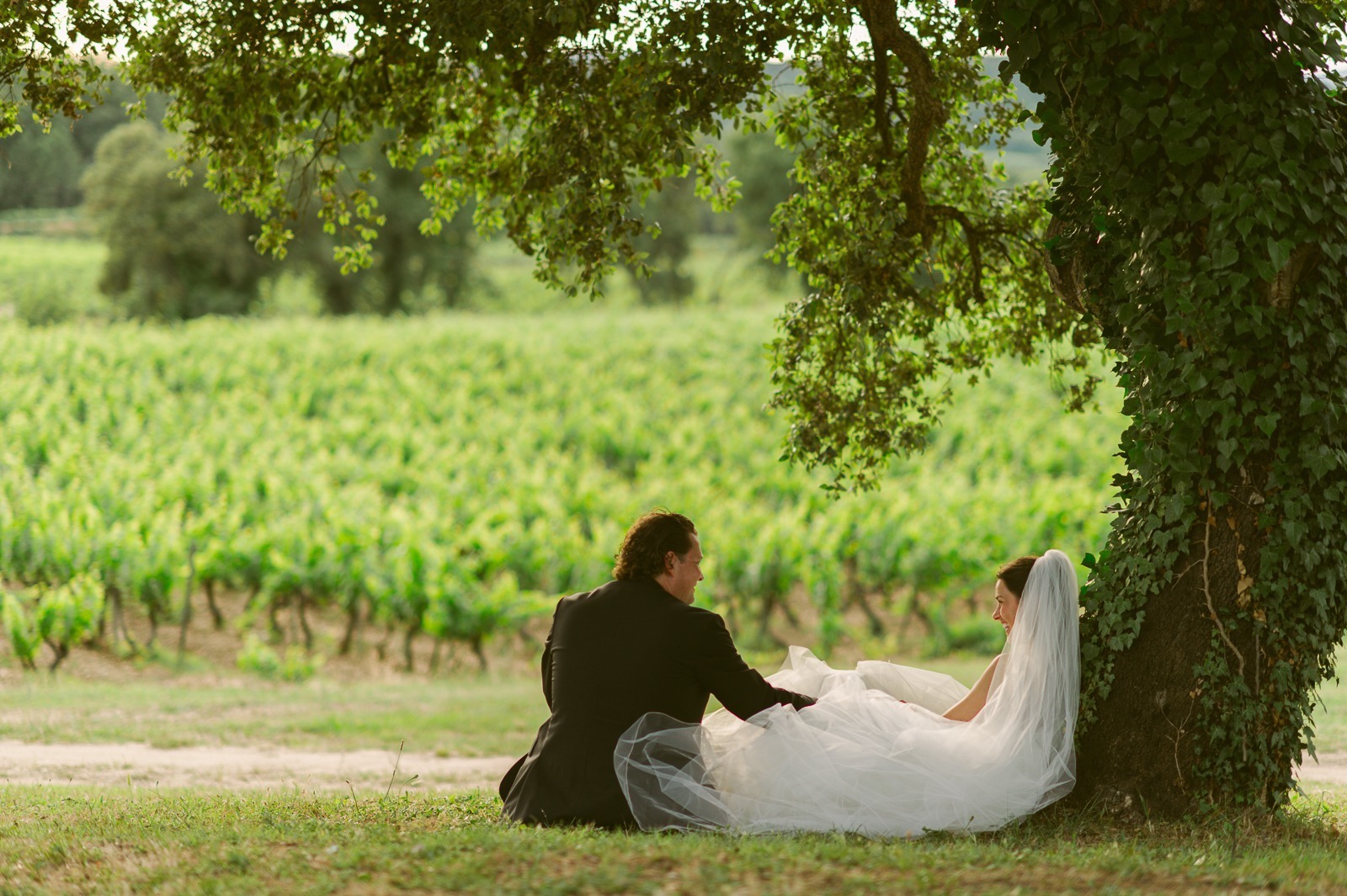 Couple framed by vines in South of France vineyard near Saint-Tropez