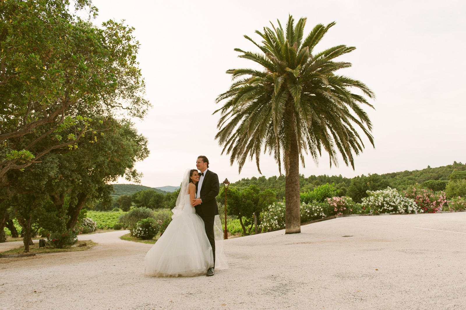 Bride resting head on groom's shoulder in vineyard near Saint-Tropez