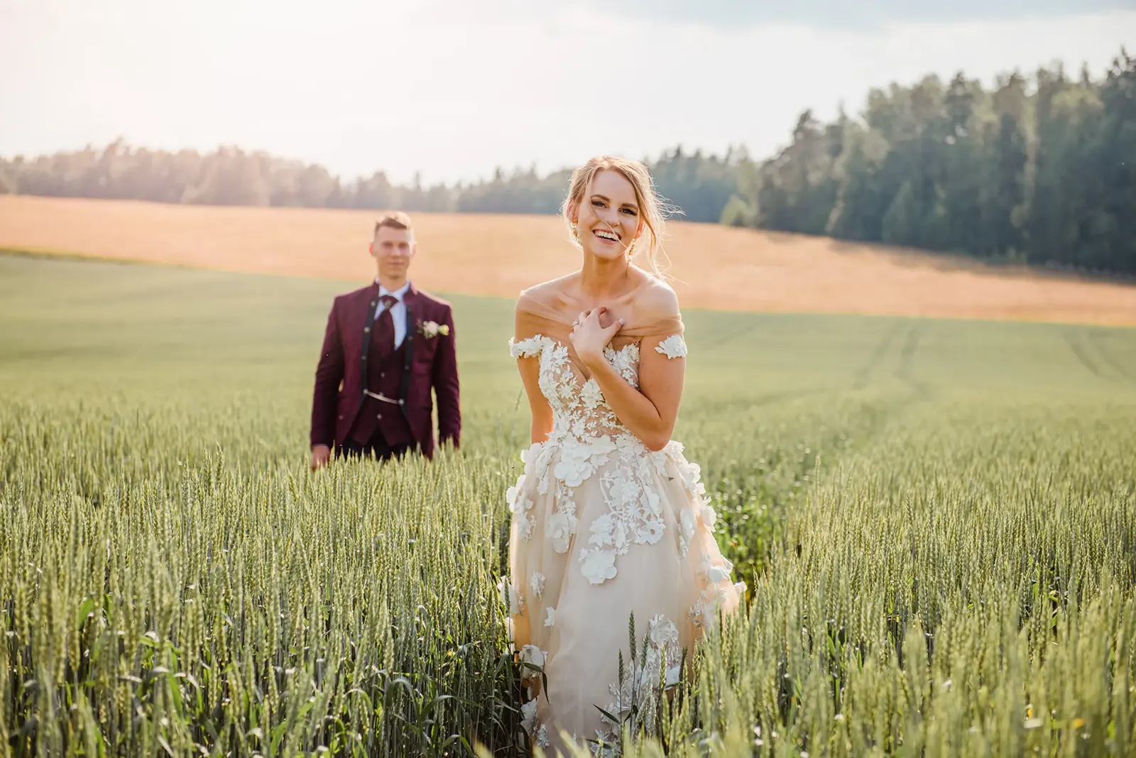Bride and groom posing on the French Riviera at golden hour