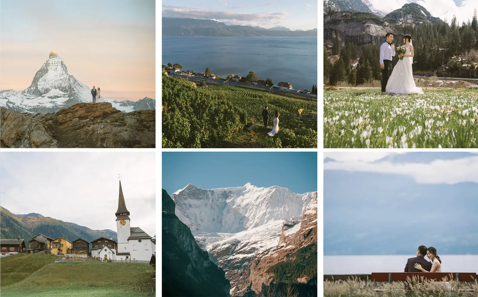 Couple embracing on a mountain ridge during a Swiss pre-wedding session