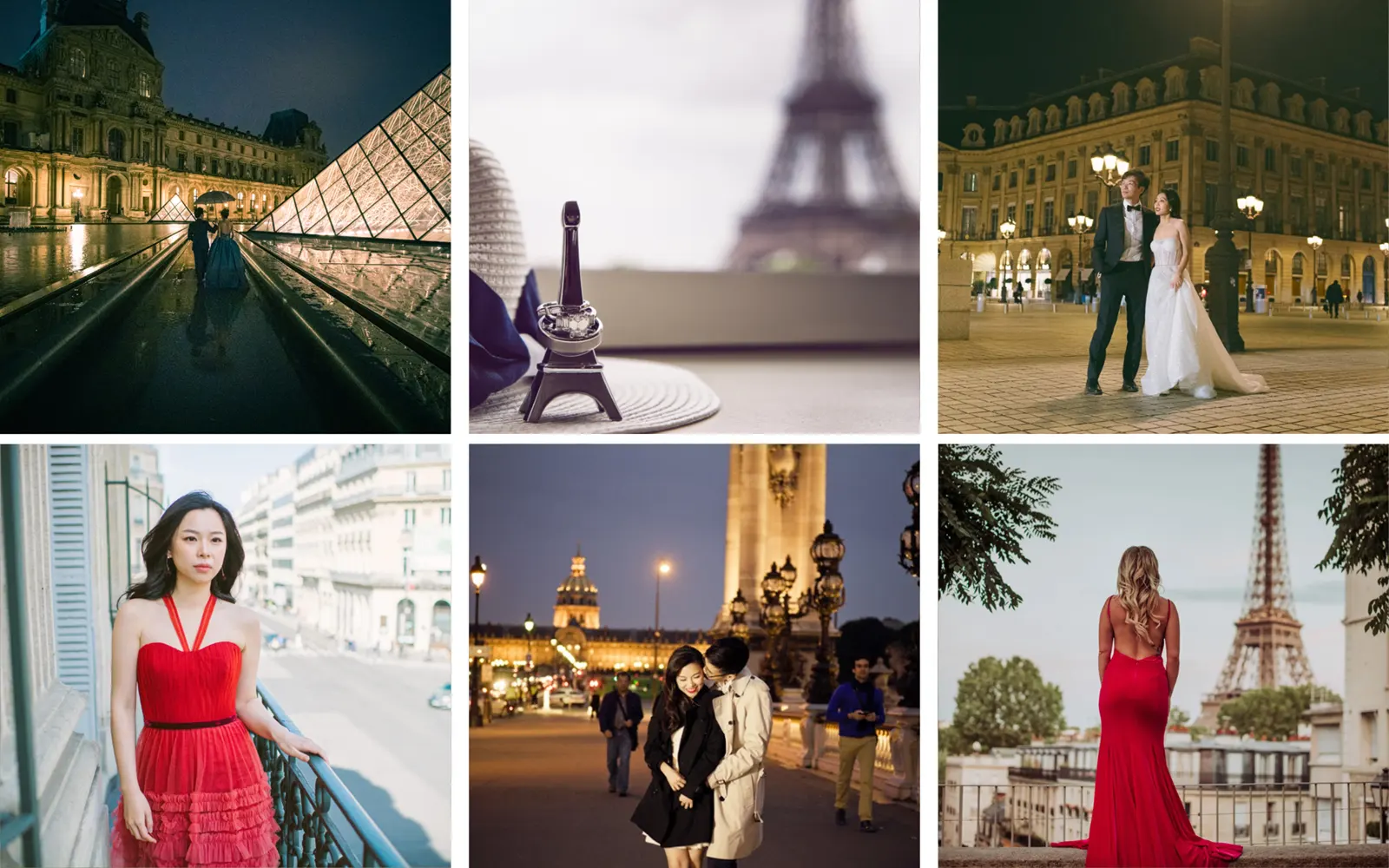 Paris pre-wedding photography portfolio consisting of a collage of six different images, including two brides in red dresses, ring detais with Eiffel tower, La Louvre in night photoshoot