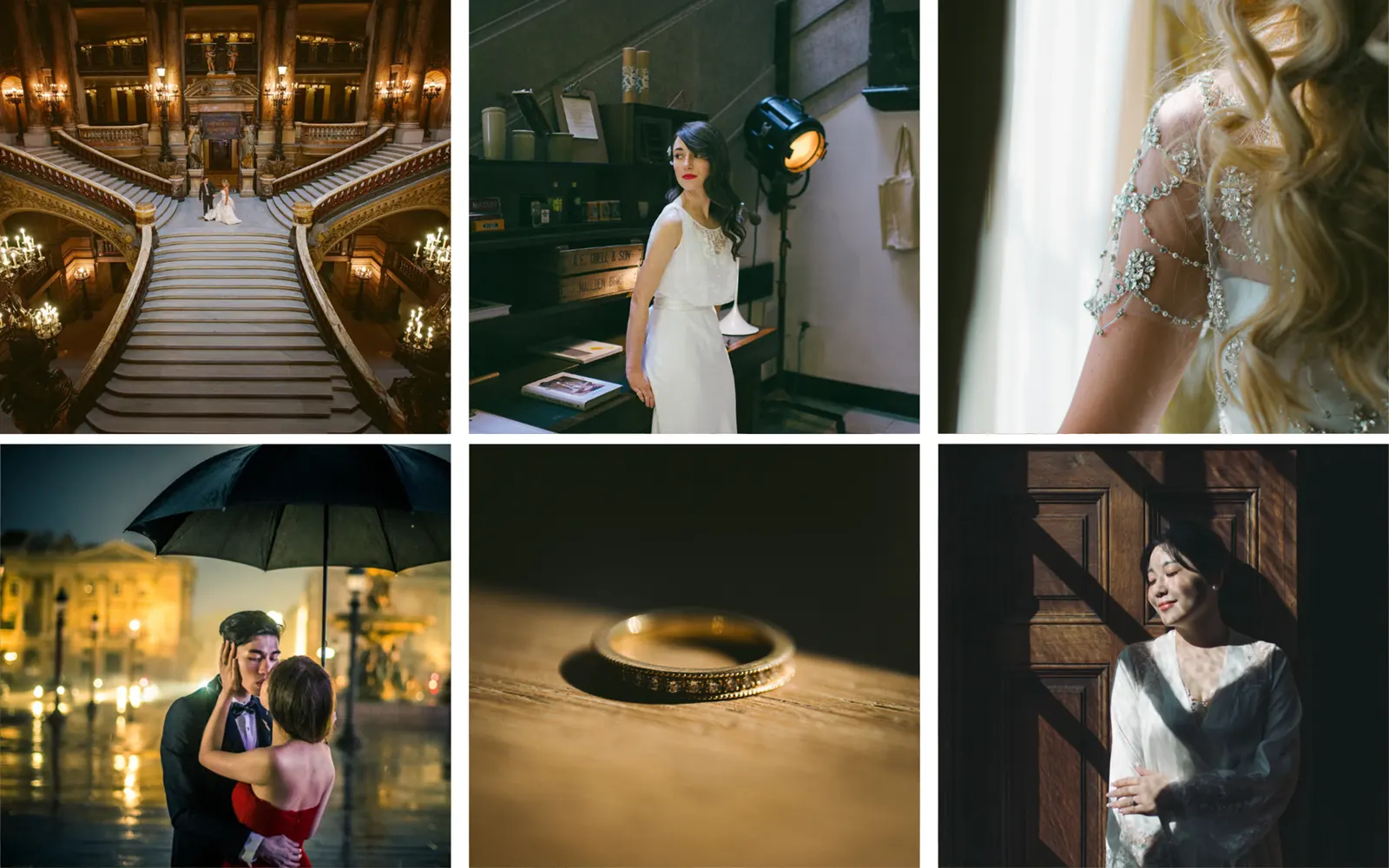 cinematic wedding photography portfolio, a collage of 6 stunning images with storytelling, and beautiful light
