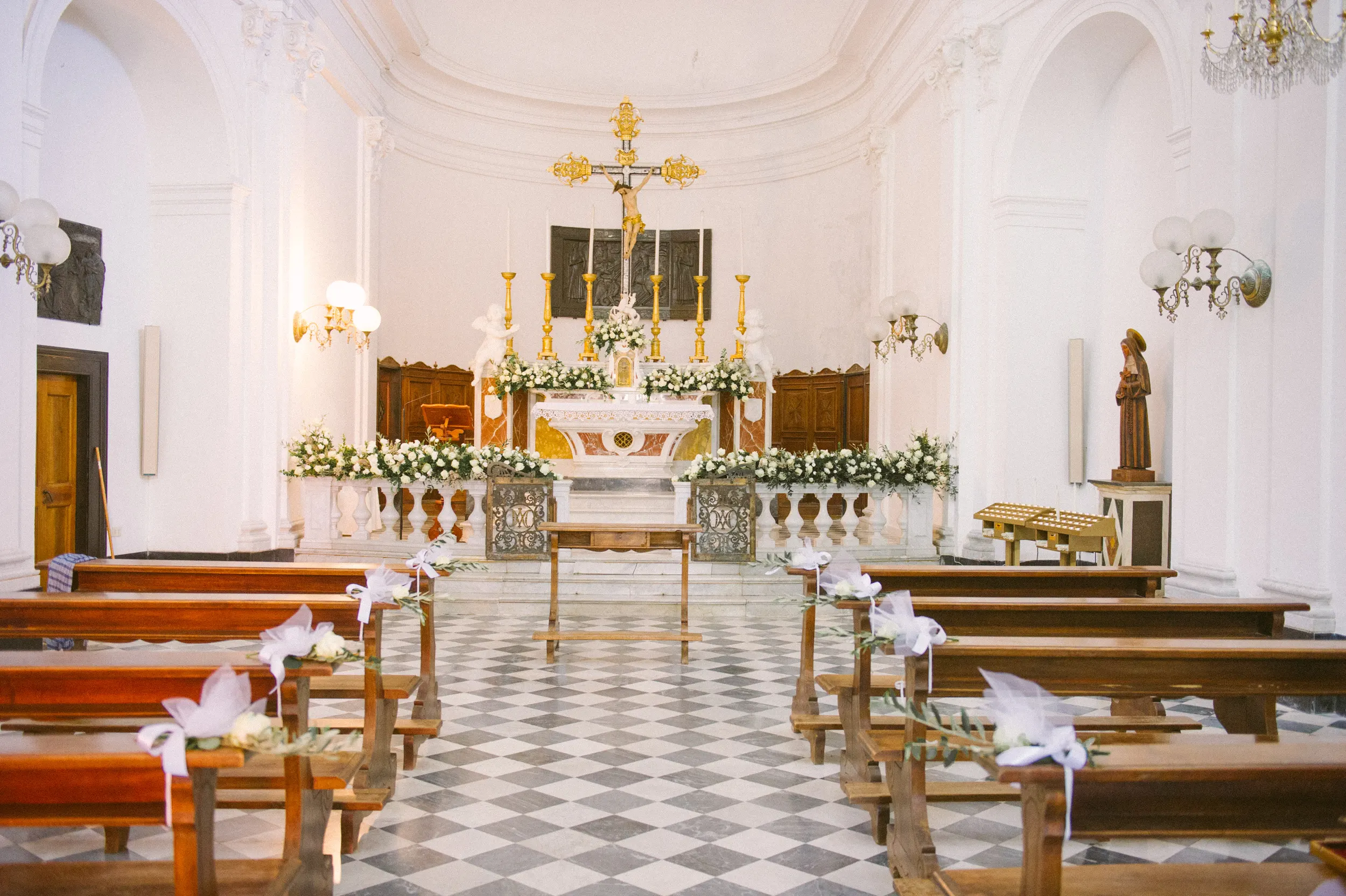 Wedding ceremony setup inside a church near Portofino on the Italian Riviera